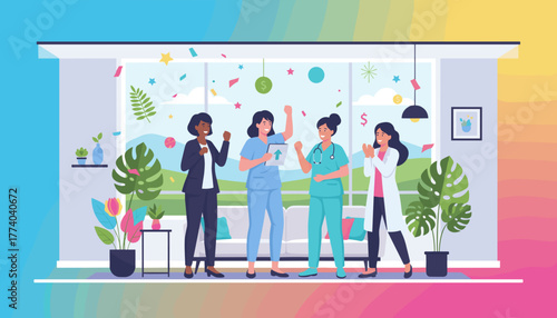 Successful healthcare team celebrating achievement and bonuses in a modern office environment