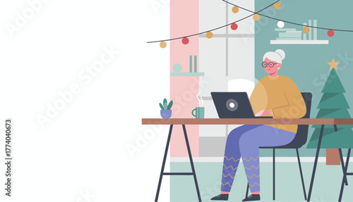 Senior woman working remotely on laptop in a festive home office celebrating the holiday season