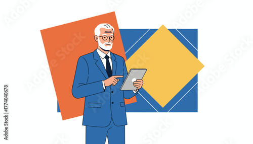 Elderly professional using a tablet for business management and technology