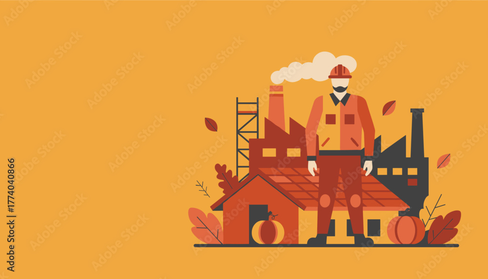 Naklejka premium Industrial worker stands before factory buildings celebrating autumn harvest and labor