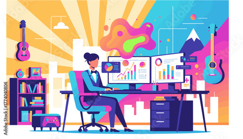Businesswoman analyzing data on dual monitors in a vibrant home office setting Modern vector illustration