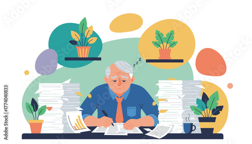 Overworked senior employee surrounded by documents and feeling burnout Stressful job concept