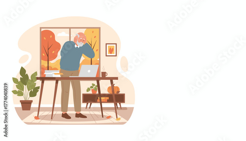 Senior man grips his head stressed by work at his home office desk during the autumn season