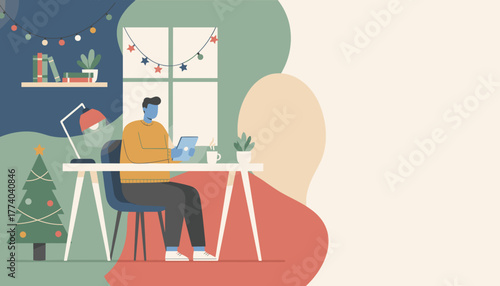 Man working remotely on a tablet in a cozy Christmasdecorated home office Copy space