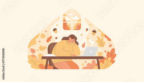 Cozy woman works remotely on laptop in a warm autumn setting Work from home concept