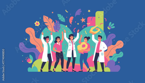 Joyful medical team celebrating success and achievement with abstract awards in vector illustration
