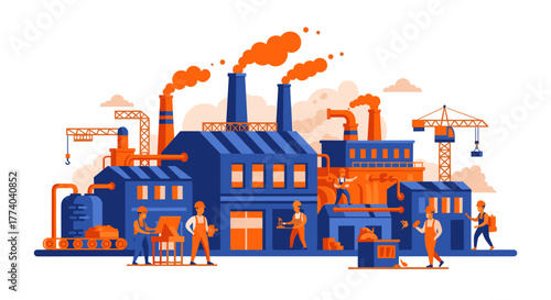 Flat vector illustration of a bustling factory complex with industrial buildings and busy workers
