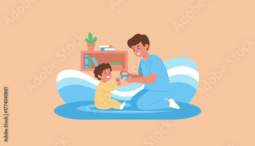 Smiling adult caregiver and happy child playing with toy blocks symbolizing bonding care and early development