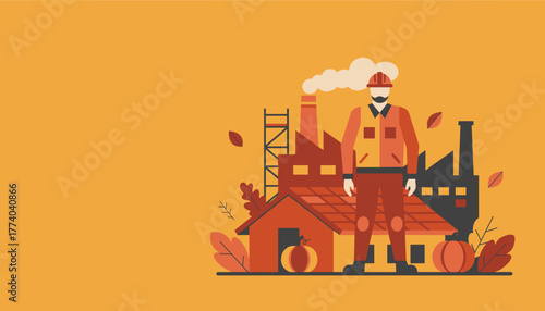 Industrial worker stands before factory buildings celebrating autumn harvest and labor