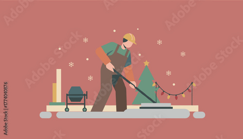 Worker in hard hat performing construction work outdoors during snowy winter holiday season