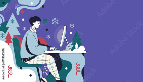 A person works on a computer in a cozy festive winter setting Holiday remote work illustration