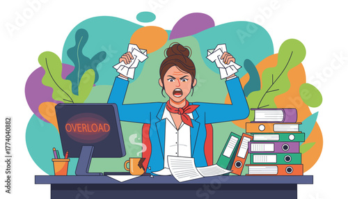 Angry businesswoman suffering from work overload and extreme office stress
