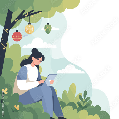 Sad woman using tablet outdoors under decorated tree Concept of digital isolation and anxiety