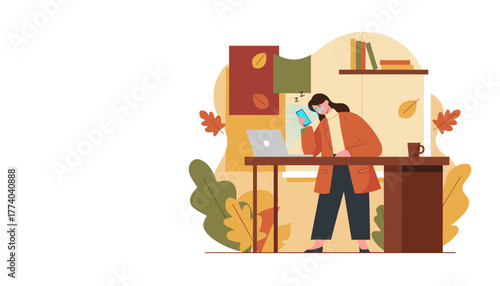 Worker suffering from fatigue checking phone at her autumnal home office desk