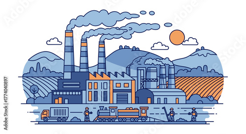 Flat design vector of industrial manufacturing plant smokestacks emitting smoke logistics and workers