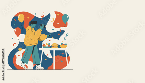 Photographer capturing food and celebration at a festive party Modern vector art