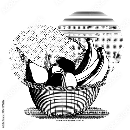 A basket filled with bananas pears and apples rendered in a black and white hatched engraving style