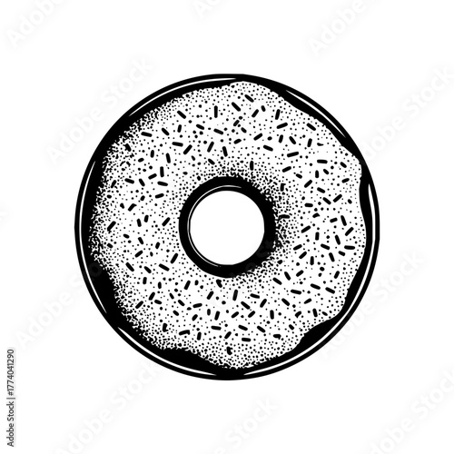 A black and white drawing of a donut with sprinkles and a hole in the middle on a white background