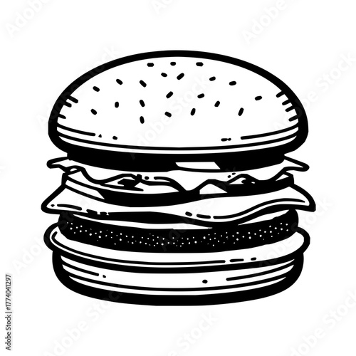 Illustration of a burger with lettuce cheese and a patty between two buns with sesame seeds