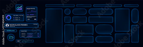 Neon glowing glass, UI frames. Realistic glass windows for interface and callouts. UI elements for Mobile App.  Different types glass frames with glow and shimmer. Vector neon graphic collection
