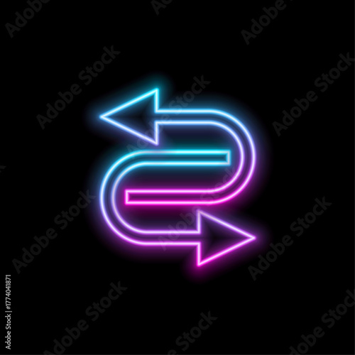 Pink neon light directional arrow line and sign icon illustration. Black background 4k illustration.