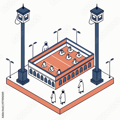 Isometric view of a mosque with people praying and street lamps around