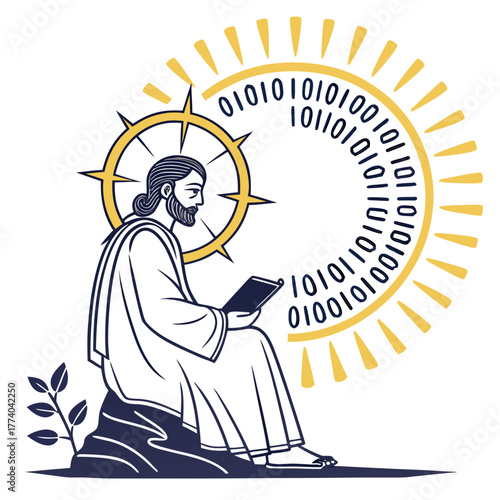 Jesus christ reading a book with binary code halo