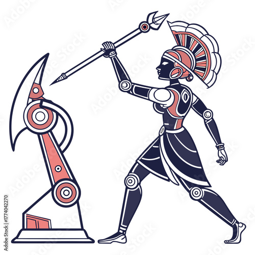 A futuristic robot warrior stands triumphantly over a defeated machine