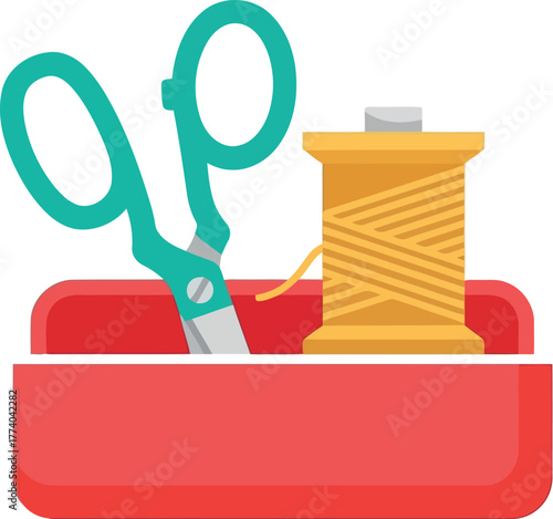 Sewing kit scissors thread red case icon