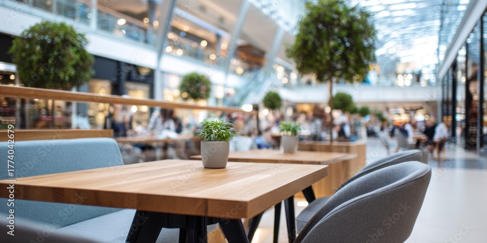 Obraz premium Indoor Cafe with Wooden Tables and Green Plants in Mall.