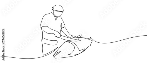A Japanese chef is slicing fish, one continuous line. in simple linear style Vector illustration in doodle style Editable stroke.