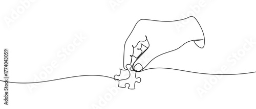 Business service illustration, hand holding jigsaw puzzle, one continuous line. in simple linear style Vector illustration in doodle style Editable stroke.