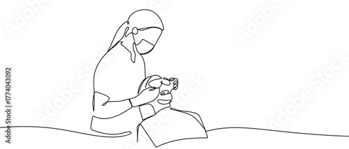 The dentist is working on one continuous line. in simple linear style Vector illustration in doodle style Editable stroke.