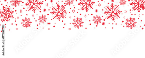 Winter snowflake border background with red snowflakes and stars on white. Perfect for holiday, seasonal, Christmas, festive, greeting card, and decorative design projects on stock photo websites.