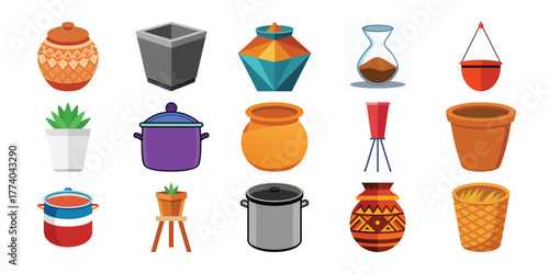 Collection of diverse decorative vases and planters in various shapes colors and styles