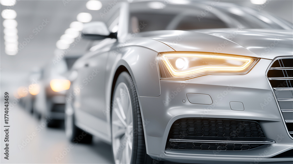 Obraz premium Close-up of modern white car in row of vehicles, concept of automotive design, technology and transportation.