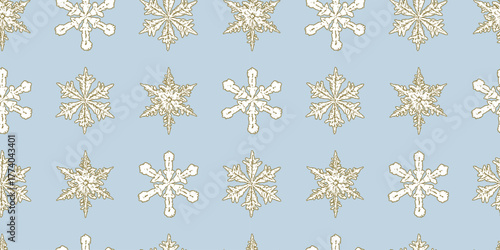 Snowflakes decorative drawn, seamless pattern, christmas paper, vector background, wallpaper, wrapper, fabric