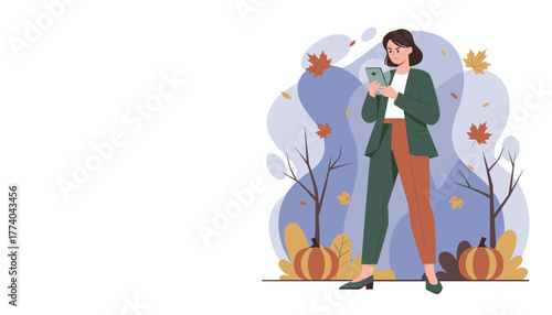 Frustrated woman checks smartphone in autumn park setting Stress bad news or communication issue