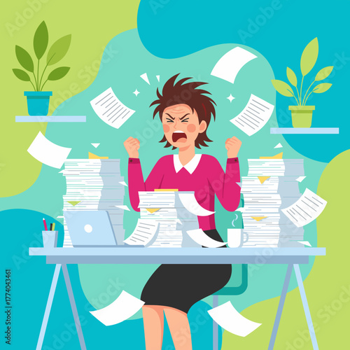 Stressed worker dealing with massive paperwork piles and corporate burnout screaming in frustration