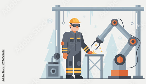 Industrial automation engineer oversees robot welding during winter production