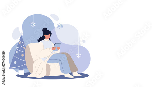 Relaxing winter holiday scene woman uses tablet by Christmas tree