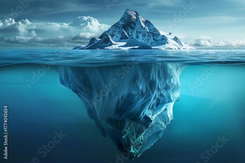 Iceberg floating in the ocean with its massive underwater part showing the tip of the iceberg concept