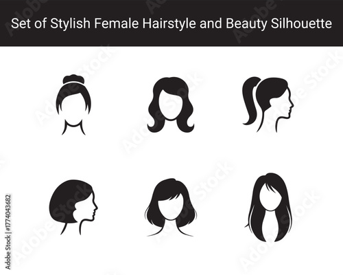 Set of Stylish Female Hairstyle Silhouettes – Elegant Woman Beauty Profile Icons for Salon, Fashion, and Cosmetic Design on White Background