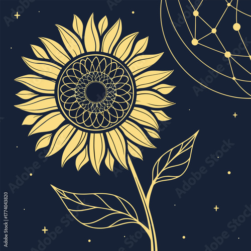 Ornate sunflower against a dark starry night sky with celestial patterns