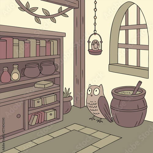 Owl in a Cozy Library with Bookshelf and Window jars