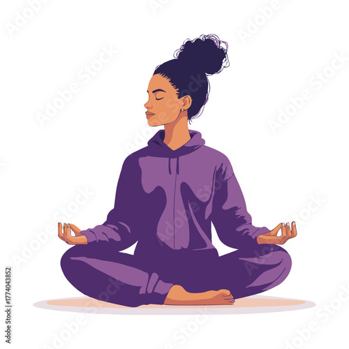 Woman Meditating in Purple Hoodie – Peace and Mindfulness