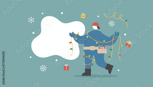 Handyman tangled in Christmas lights illustration with copy space for winter holiday service or promotions