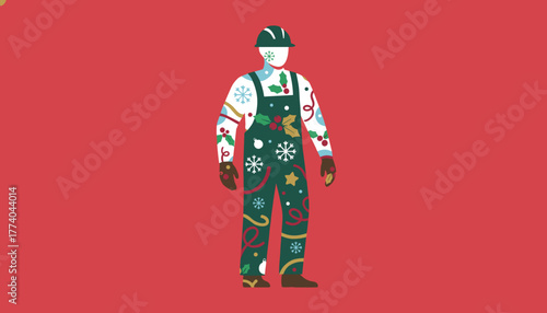 Holiday construction worker in festive overalls and hard hat