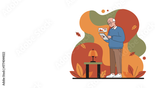 Elderly man uses tablet for digital tasks against an autumn background