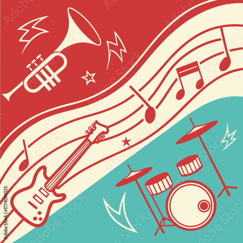 Retro Music Instruments and Musical Notes Design vintage